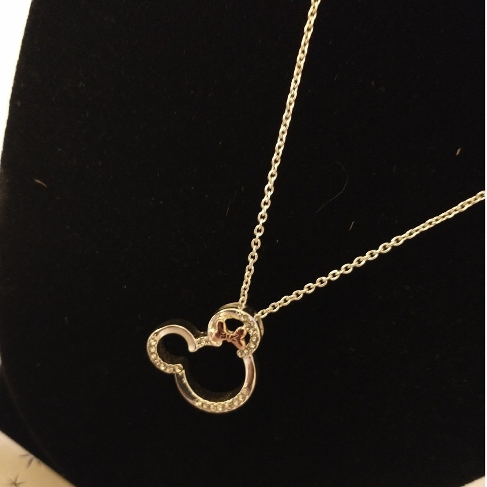 Disney Minnie Mouse Bowtiful Crystal Necklace Silver Plated Two Tone Rose Gold
